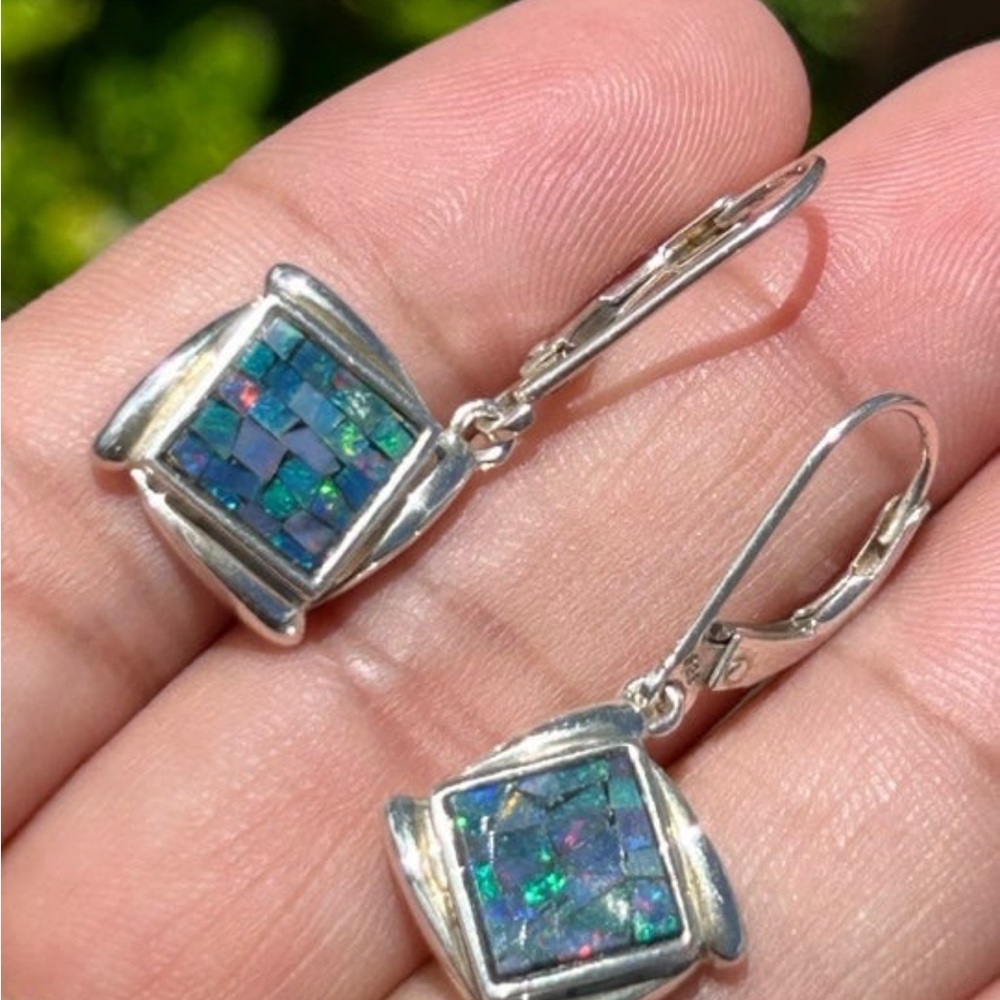 Vintage sterling silver Whitney Kelly Opal Mosaic square drop earrings - Picture 10 of 13